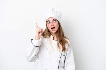 Young caucasian chef woman isolated on white background intending to realizes the solution while lifting a finger up