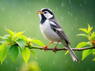 A serene white bird with a striking black and white striped back perches on a dewy branch, singing a sweet melody on a misty morning.