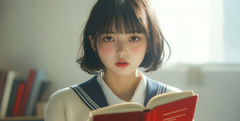 Poster - A Japanese high school girl is studying in the study room, wearing a uniform and a white sweater.