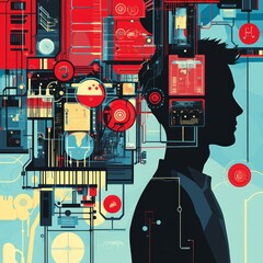 Poster - Silhouette of a man with futuristic technology on his head.