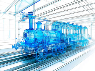 Steam locomotive 1800s visualization with augmented reality Transparent steam locomotive 1800s in studio drawing in blue colors