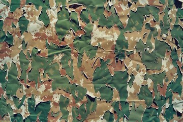 A torn piece of camouflage fabric with a green and brown pattern. The torn edges give the impression of a damaged or worn piece of clothing