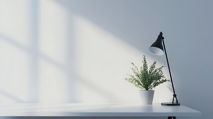 A white desk with a black lamp, a potted plant, and sunlight streaming through a window.