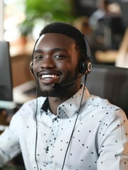 Wall Mural - A man wearing a headset and smiling. He is wearing a white shirt with black dots