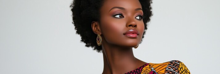 Wall Mural - A woman with a short afro and a colorful dress. She is wearing earrings and a necklace