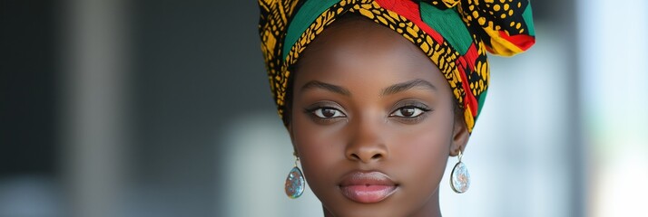 Wall Mural - A woman wearing a colorful head scarf and earrings. She has a serious expression on her face