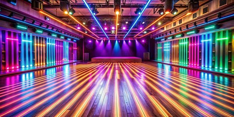 Vibrant neon lights illuminate a wooden stage floor at a performance venue