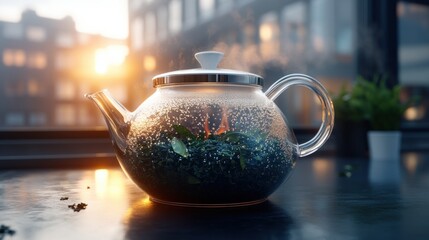 Glass Teapot with Fresh Green Tea Leaves in Sunlight