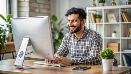 happy latina person sitting at desk computer