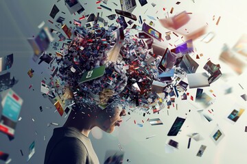 a person’s head is overfilled with a chaotic explosion of colorful digital media, symbolizing inform