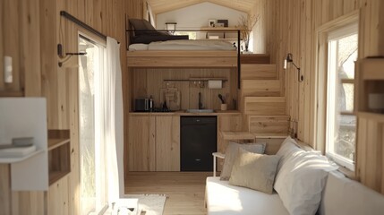 Poster - Small wooden cabin with loft bed, kitchen, and couch.