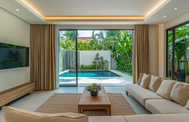 Wall Mural - A modern outdoor swimming pool, with a light grey stone wall featuring wooden slats on the right side