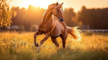 Wall Mural - A golden horse runs freely through a vibrant meadow, illuminated by the warm glow of the setting sun, showcasing a tranquil moment in nature