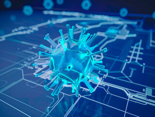 Virus visualization with augmented reality Transparent virus in studio drawing in blue colors. Advanced Industry Research and Development.