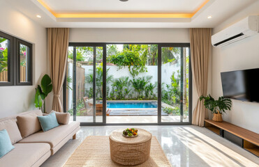 Wall Mural - A luxurious living room with large windows overlooking the pool and tropical garden, featuring light gray sofas, white walls, wooden beams on the ceiling