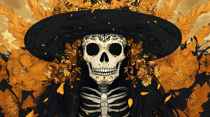 death in sombrero. illustration for day of dead. halloween.