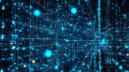 Poster - Abstract digital landscape filled with interconnected blue lights and particles representing data flow and technology in motion