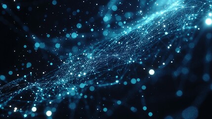 Poster - Abstract visualization of interconnected particles in a dark space, showcasing a dynamic pattern of light and movement