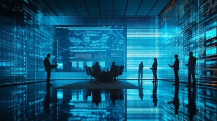 A group of business professionals is actively discussing strategies in a high-tech conference room featuring large digital screens illuminating the space at twilight