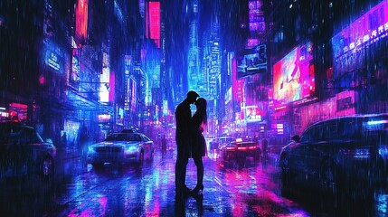 A couple embraces under glowing neon lights in a rainy city street at night