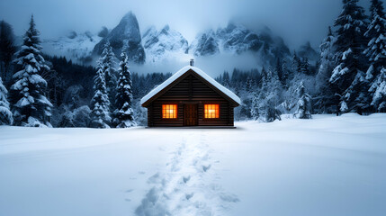 Canvas Print - Nestled Within Winter Wonderland Quaint Cabin