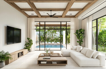 Wall Mural - A luxurious living room with large windows overlooking the pool and tropical garden, featuring light gray sofas, white walls, wooden beams on the ceiling