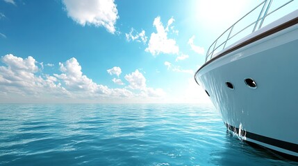 A beautiful yacht gliding over calm turquoise waters under a bright blue sky with fluffy clouds during a sunny day