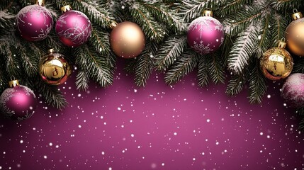 Elegant Christmas ornaments hanging on green pine branches with snowflakes falling on a purple background during the holiday season