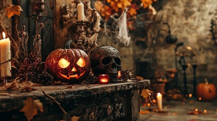 Poster - Spooky Halloween scene with jack-o-lantern, skull, candles, and autumn leaves on rustic wooden table.