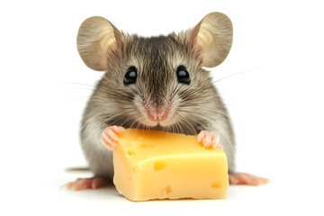 Tiny cute mouse holding a piece of cheese isolated on white background
