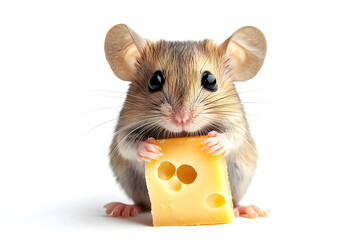 Tiny cute mouse holding a piece of cheese isolated on white background
