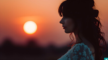 Canvas Print - woman looking at sunset