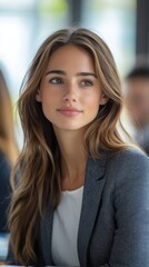 Wall Mural - A woman with long brown hair and a business suit is sitting in a room. She is smiling and looking at the camera