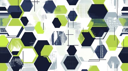 Poster - Colorful hexagonal geometric pattern with a mix of green, navy, and white shapes on a modern background