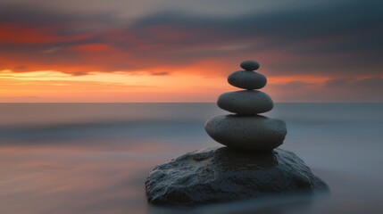 Poster - Stacked stones on a rock against a blurred sunset.