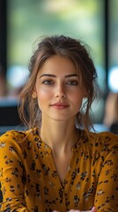 Wall Mural - A woman with brown hair and a yellow floral dress is smiling. She is sitting at a table and she is enjoying herself