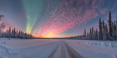 Wall Mural - A breathtaking view of a snowy expanse illuminated by the northern lights at dusk showcases natural beauty and tranquility