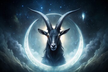 Dark mystique ensues as a symbol of ancient darkness rises from the shadows, its inverted crescent moon and goat's head beckoning towards a world of forbidden knowledge