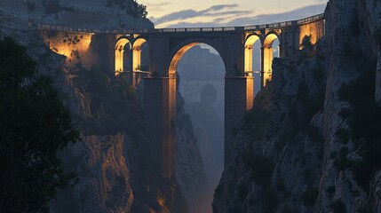 Poster - Stone bridge over a deep canyon at dusk with warm light.