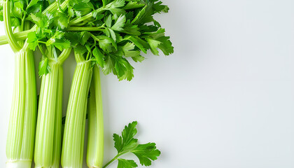 Poster - fresh celery isolated on white background.Top view. Flat lay