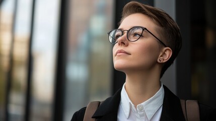 Canvas Print - A woman wearing glasses and a white shirt is looking out the window. She is wearing a backpack and she is lost in thought