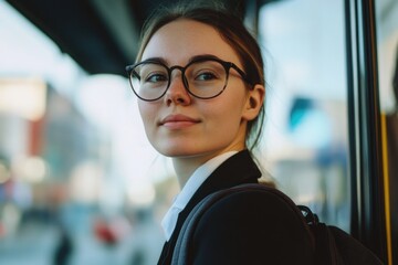 A young woman wearing glasses and a black jacket is sitting on a bus. She has a backpack on her back