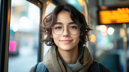 Wall Mural - A woman with glasses and a scarf is smiling at the camera. She is on a bus. The bus is yellow and has a sign on it