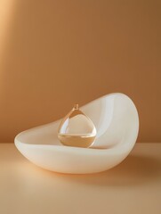 Poster - A single droplet of water sits delicately on a curved ceramic dish, set against a soft beige background highlighting its clarity