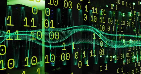 Poster - Binary code and digital wave animation over cityscape at night