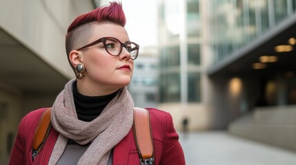 Wall Mural - A woman with a red bob and glasses stands in front of a building. She is wearing a red jacket and a brown scarf