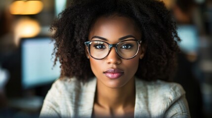 Wall Mural - A woman with curly hair and glasses is sitting at a desk. She is wearing a white blouse and a gray jacket