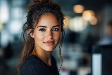 A woman with long brown hair and a smile on her face. She is wearing a black shirt and has her hair in a bun