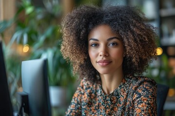 A woman with curly hair is sitting at a desk with two computer monitors in front of her. She is smiling and looking directly at the camera