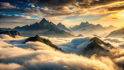 Sticker - Fog-covered mountains under a cloudy sky at noon